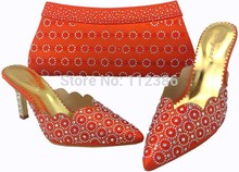 Fashion orange shoe and matching bag with stones, wholesale price shoe and bag with free shipping by DHL