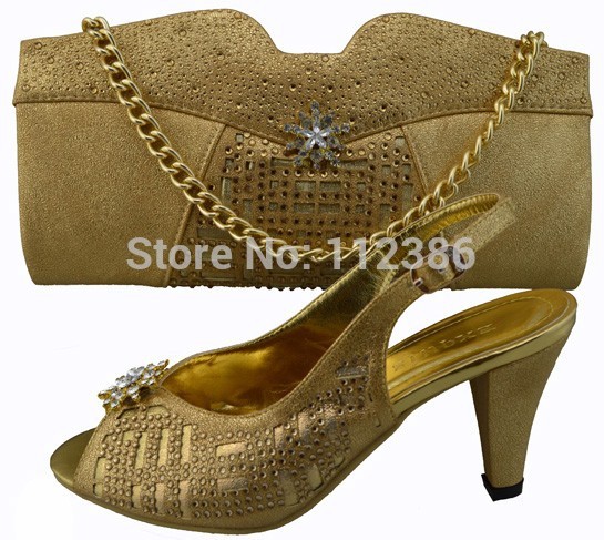 Free Shipping DHL 2014 Nice gold heels african italian shoes and matching bags for wedding party