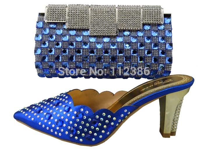 Free shipping by DHL wholesale elegant shoe and matching bag with thousands stones in blue 