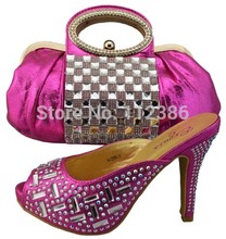 Evening shoe and bag in high quality PU leather, high heel shoe and bag matching set with free shipping in fushia pink color