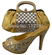 2014 New Arrival Italian style rhinestone shoe and bag set with free shipping by DHL in gold color