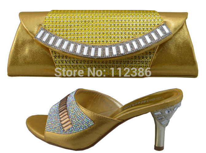 Free shipping Fashion woman Italian shoe with maching bag with rhinestone for wedding party gold wholesale