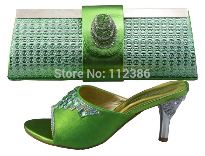 HIgh quality Italian design shoe and matching bag set in green 2014 high heel evening shoes