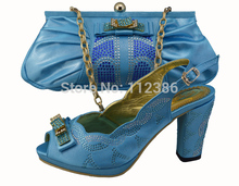 Free shipping by DHL wholesale shoe and matching bag with rhinestones for wedding and party in blue size 38-43