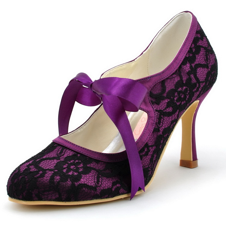 New Color A3039 Elegant Round Toe Mary Janes Ribbon 3 Stiletto Heel Black Lace Purple Satin