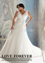 V neckline Ivory Organza New Arrival Lastest Plus Size Wedding Gowns For Fat Women 2014