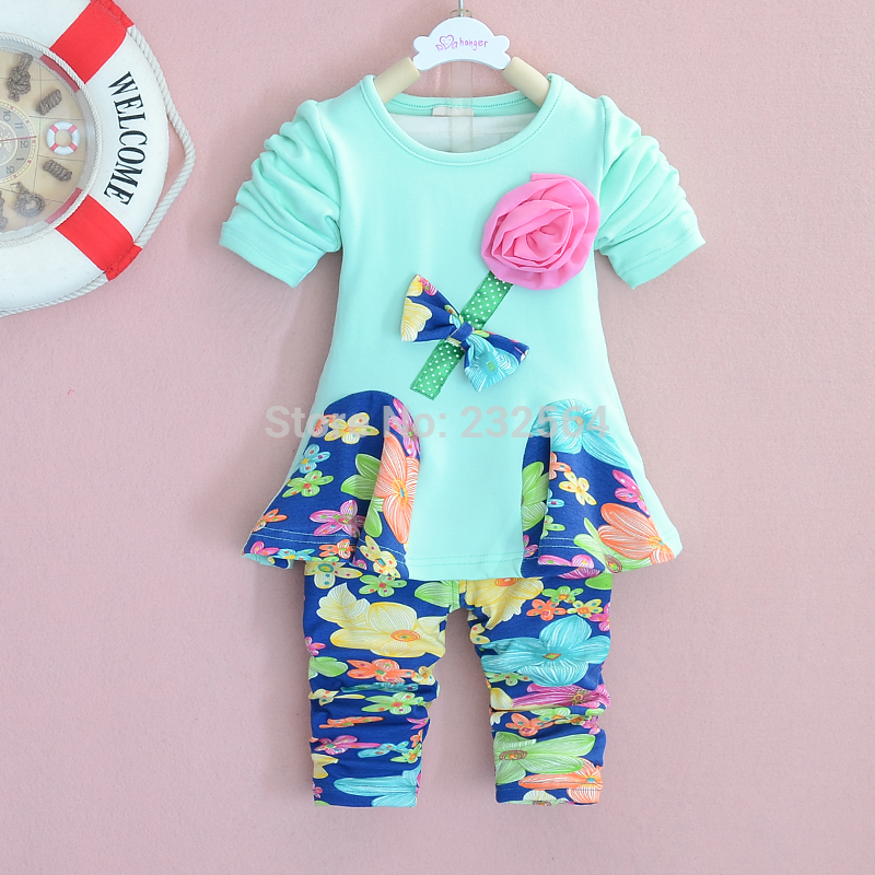 Girls 2 PCS set 2014 Spring Autumn Chiffon Rose Floral pants sets long sleeved coat pants
