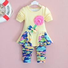Girls 2 PCS set 2014 Spring Autumn Chiffon Rose Floral pants sets long sleeved coat pants