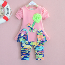 Girls 2 PCS set 2014 Spring Autumn Chiffon Rose Floral pants sets long sleeved coat pants