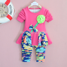 Girls 2 PCS set 2014 Spring Autumn Chiffon Rose Floral pants sets long sleeved coat pants