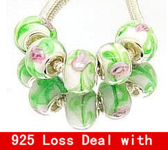 NO 45 Free Shipping 10pcs lot Glass 925 Stering silver cord Big Hole Loose Beads fit