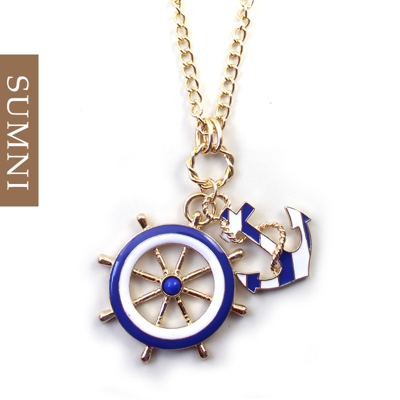 2014 New Hot Jewelry Fashion Texture Blue White Navy Style Anchor Rudder Exaggerated Personality Pendant Necklace