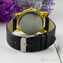 Lovely Cute Cat Face Shape Girls Dial Gold Color Rim Beard Alloy Faux Leather Strap Watch
