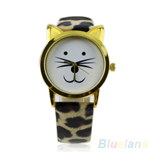 Lovely Cute Cat Face Shape Girls Dial Gold Color Rim Beard Alloy Faux Leather Strap Watch