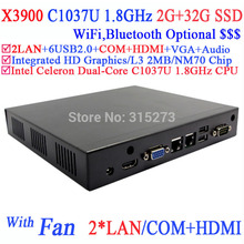 2015 mini pcs with fan 2 RJ45 HDMI COM INTEL 1037U dual core 1.8G 3D API support DirectX 11 Aluminium Chassis 2G RAM 32G SSD