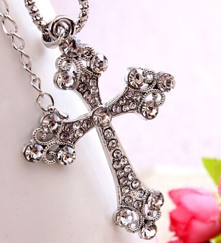 Crystal silver jewelry cross pendant long necklece fashion necklaces for women 2014 accessories wholesale jewerly joyas