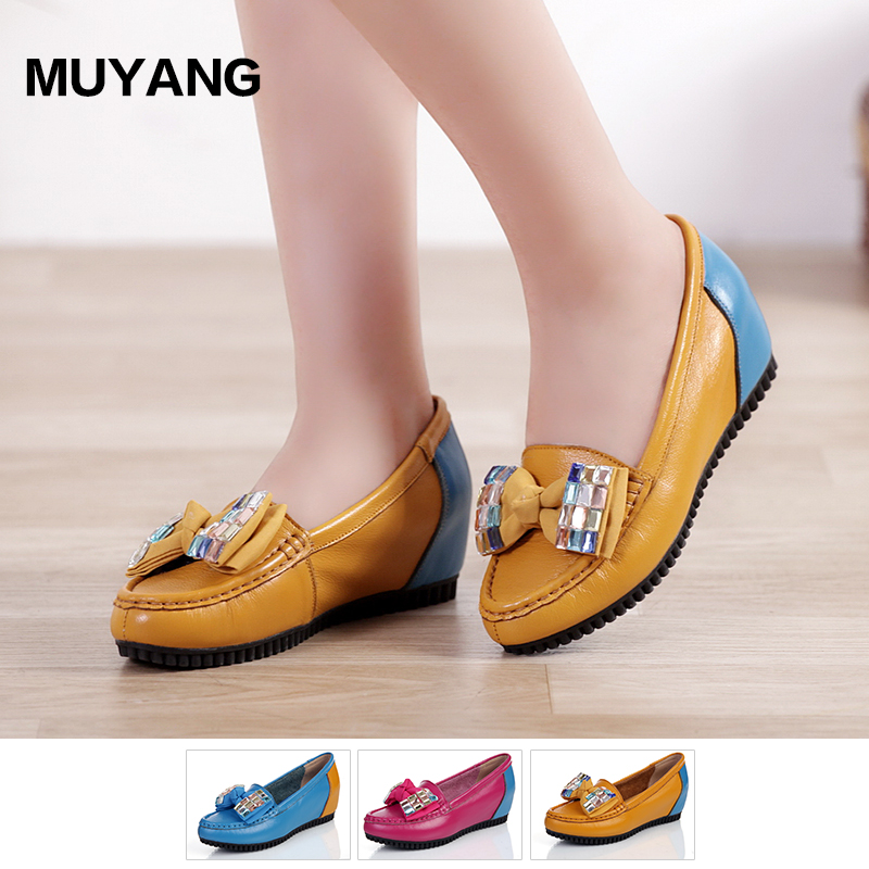 Autumn new fashion 2014 women genuine leather flat shoes female rhinestone casual single height increasing shoes