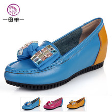 Autumn new fashion 2014 women genuine leather flat shoes female rhinestone casual single height increasing shoes