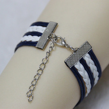 Multilayer Braided Bracelets Of Retro Silver Tone Anchor Love Pendant Dark Blue White Woven Leather Bracelet
