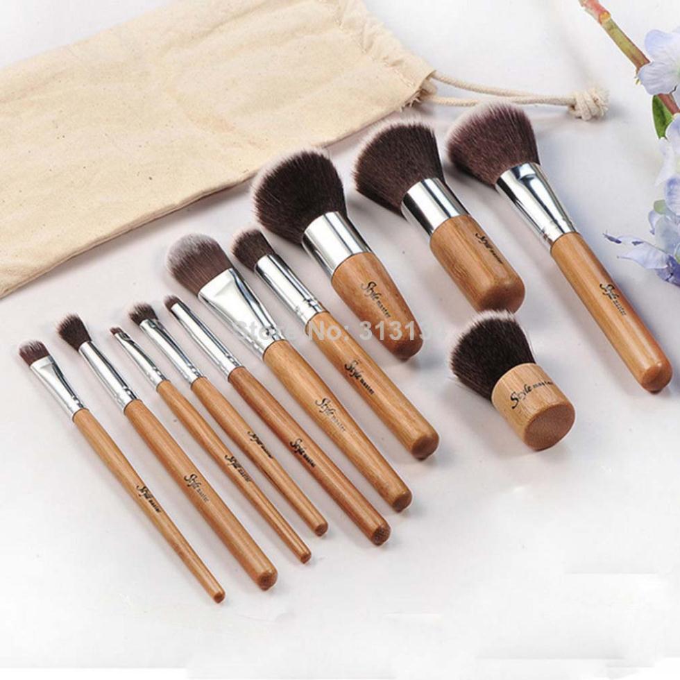 11pcs Pack Vintage Eyeshadow Foundation Concealer Wood Handle Makeup Cosmetic Brush Set