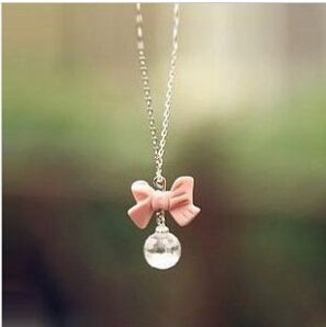 N110 Hot 2015 New Style Fashion Super Sweet Pink Bow Ball Droplets Pendants necklaces Jewelry Accessories