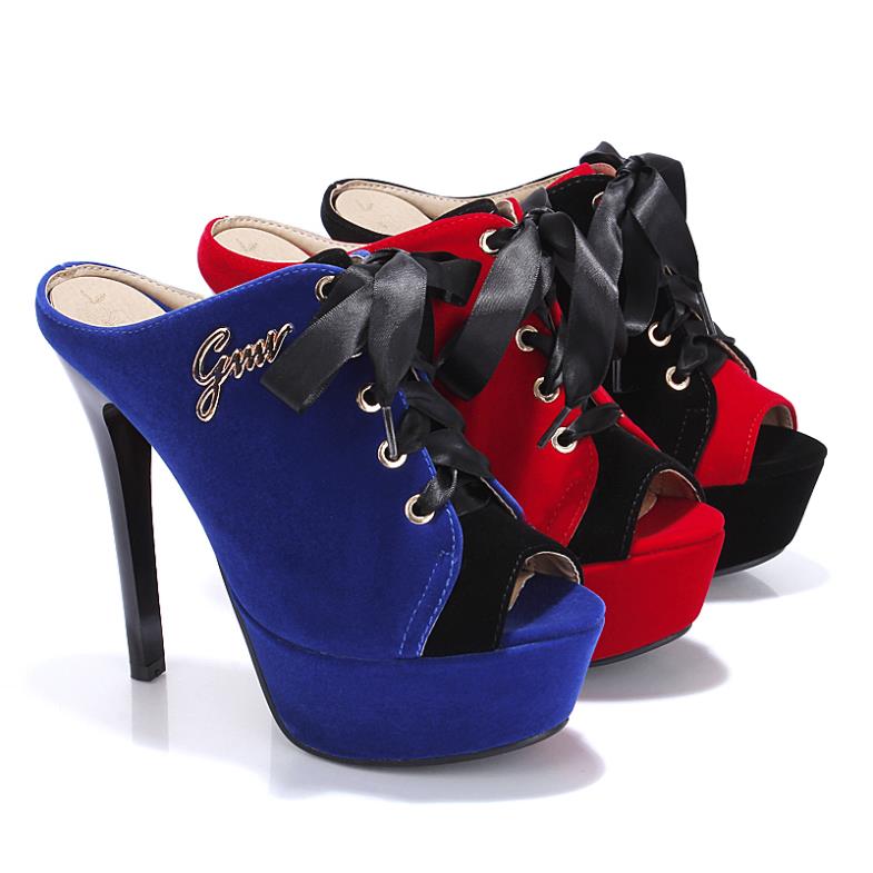 COMIST 2014 Summer Size35 43 Women High Heel Slippers Party Wedding Peep Toe Flock Leather Mixed