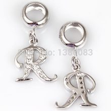 DIY 1PCS lot White CZ Stone Letter R Charm Beads 925 sterling silver jewelry Fits European