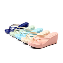SIMPOK Size4-12 Summer Women Med Heel Flip Flops Casual Solid Color Wedges Patent Leather Pink/Beige/Green/Blue/Dark Blue A4557