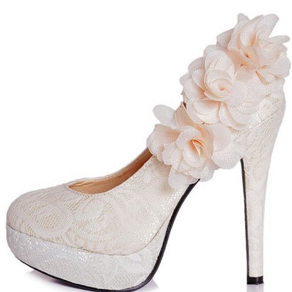 Lace Flower White Wedding Shoes White Bridal Shoes High Heels Platforms Womens Pumps Plus Size 34