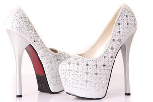Sexy 16CM High Thin Heels 6CM Platform Rhinestone Round Toe Slip On Red Bottom Women Wedding