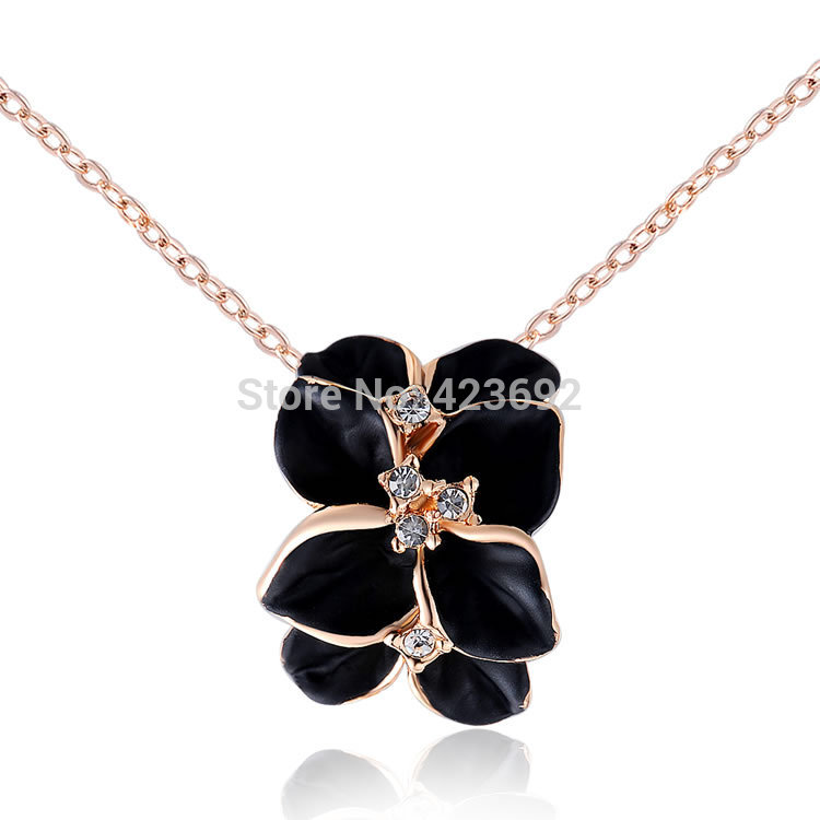 ROXI Beauty Zircon Pendants Hot Sale White Stone Black Flower Pendant Fashion Gifts Necklace Rose Gold