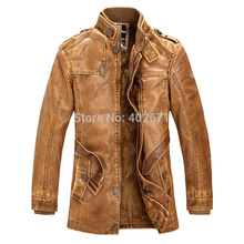 2014 new fashion brand Men’s leather jackets men standing collar long section Slim with velvet leather coat for Men