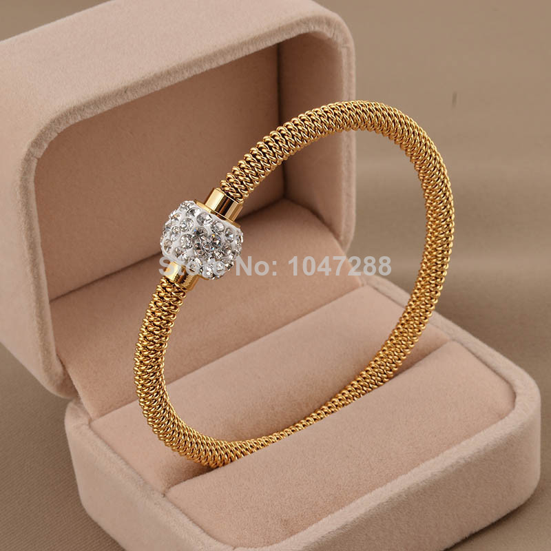 Women Fashion Jewelry Multicolor Rhinestone Bead 316l Stainless Steel Spring Stretch Snake Bracelet Gold Cable Bangle