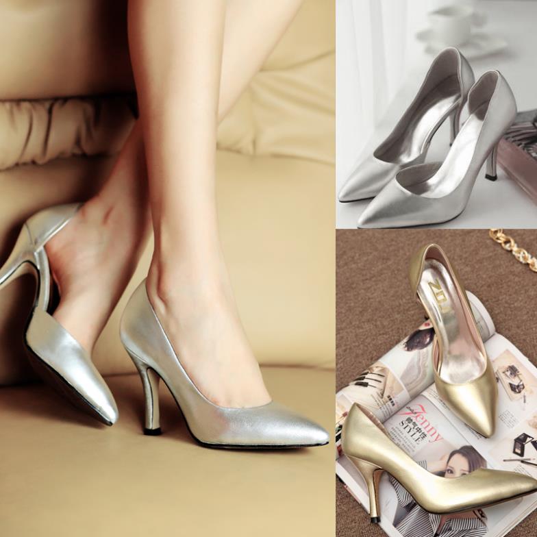 2014 women s pointed toe high heeled shoes genuine leather thin heels single shoes gold silver