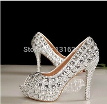 2015 Newest Crystal diamond wedding party club shoes woman bridal shoes girls open toe custom made heel 12cm white real image