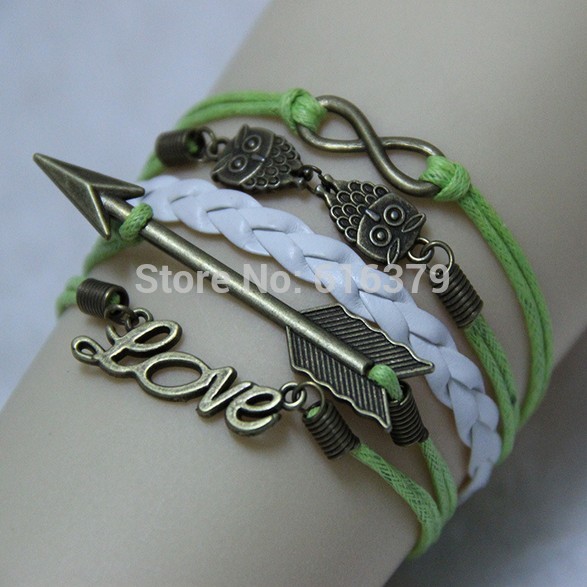 6PCS Lot 2014 New Antique Bronze Infinity Cupid Arrow Love Owl Charm Vintage Bracelet Wax Leather