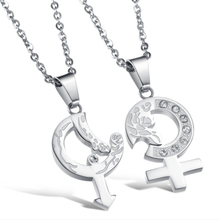 Top quality brand new style Charm Cupid boys and girls puzzle big pendant shining AAA zircon titanium steel couple necklaces LN7