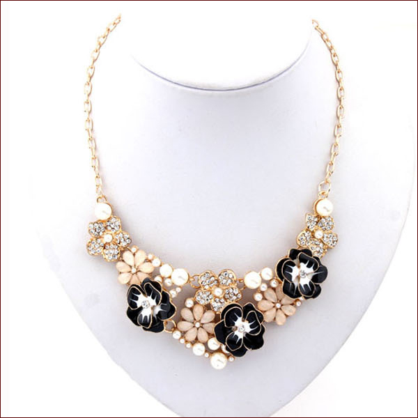 Free Shipping 2014 Fashion Jewlery Lab Diamond Colored Pearl Flower Necklaces Pendants Collar Jewelry Women High
