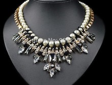 2014 Hot Sale Handmade Luxury Pearl Chain Glass and Rhinestone Women Big Statement Fashion Necklace. Wholesale Famale Jewelry