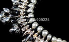 2014 Hot Sale Handmade Luxury Pearl Chain Glass and Rhinestone Women Big Statement Fashion Necklace Wholesale