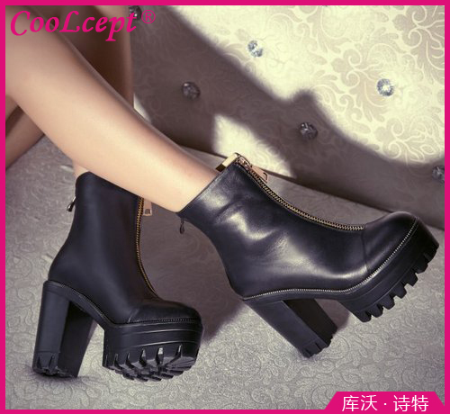 CooLcept Free shipping half ankle short natrual real genuine leather high heel boots women snow boot