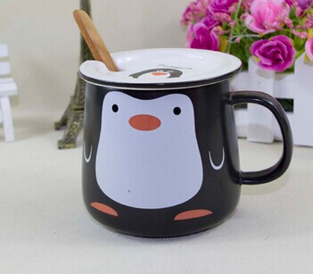 Cute Penguin Cup Lidded Cartoon Black and white cup Ceramic coffee Mug with lid coffee spoon