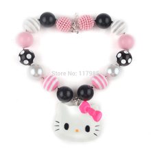 5pcs – Lovely Baby Girls Pink Series Hello Kitty Pendant Necklace, Chunky Necklace Bubblegum Gumball Beads Necklace DIY