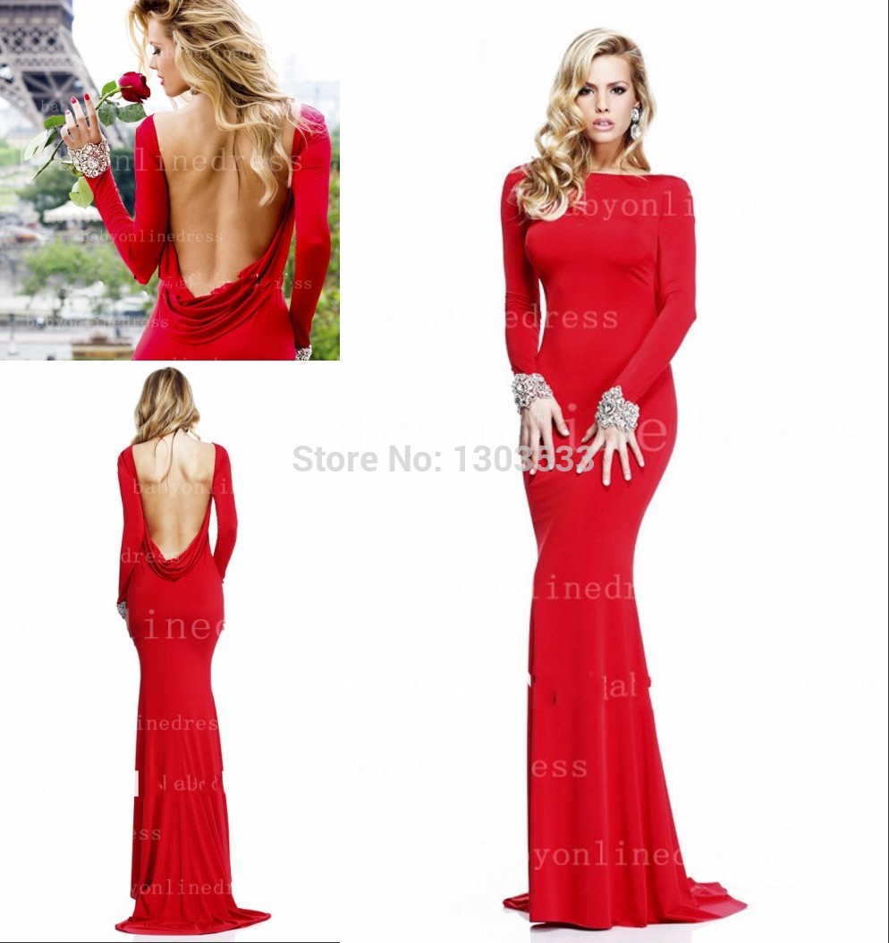 : 2008135355 2014 Cheap Sexy New Red Long Sleeves Jersey Prom Dresses ...