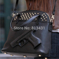 Elina\'s 2014 New women fashion vintage Gun Embossed leather Rivet Medium zipper handbage shoulder bag black