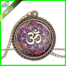 1Pcs New Lotus Om Yoga Jewelry India Necklace Om Symbol Buddhism Zen Meditation Mandala Art Pendant glass dome Pendant Necklace