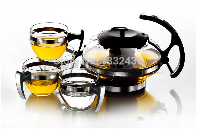 Free shipping coffee tea set 300 ml transparent glass flowers teapot filtering teapot 4 heat