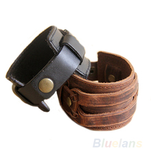 Men s Retro Leather Buckle Punk Cuff Bangle Wristband Bracelet 03DO