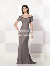 Free Shipping Beaded Bateau Neck Sheath Grey Women Dress Evening Long Elegant XG573 Short Sleeve