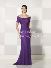 Free Shipping Beaded Bateau Neck Sheath Grey Women Dress Evening Long Elegant XG573 Short Sleeve